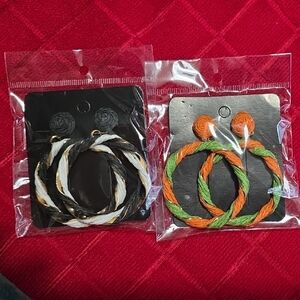 2 Pair - Braided Hoop Earrings Set - Black/White & Orange/Green